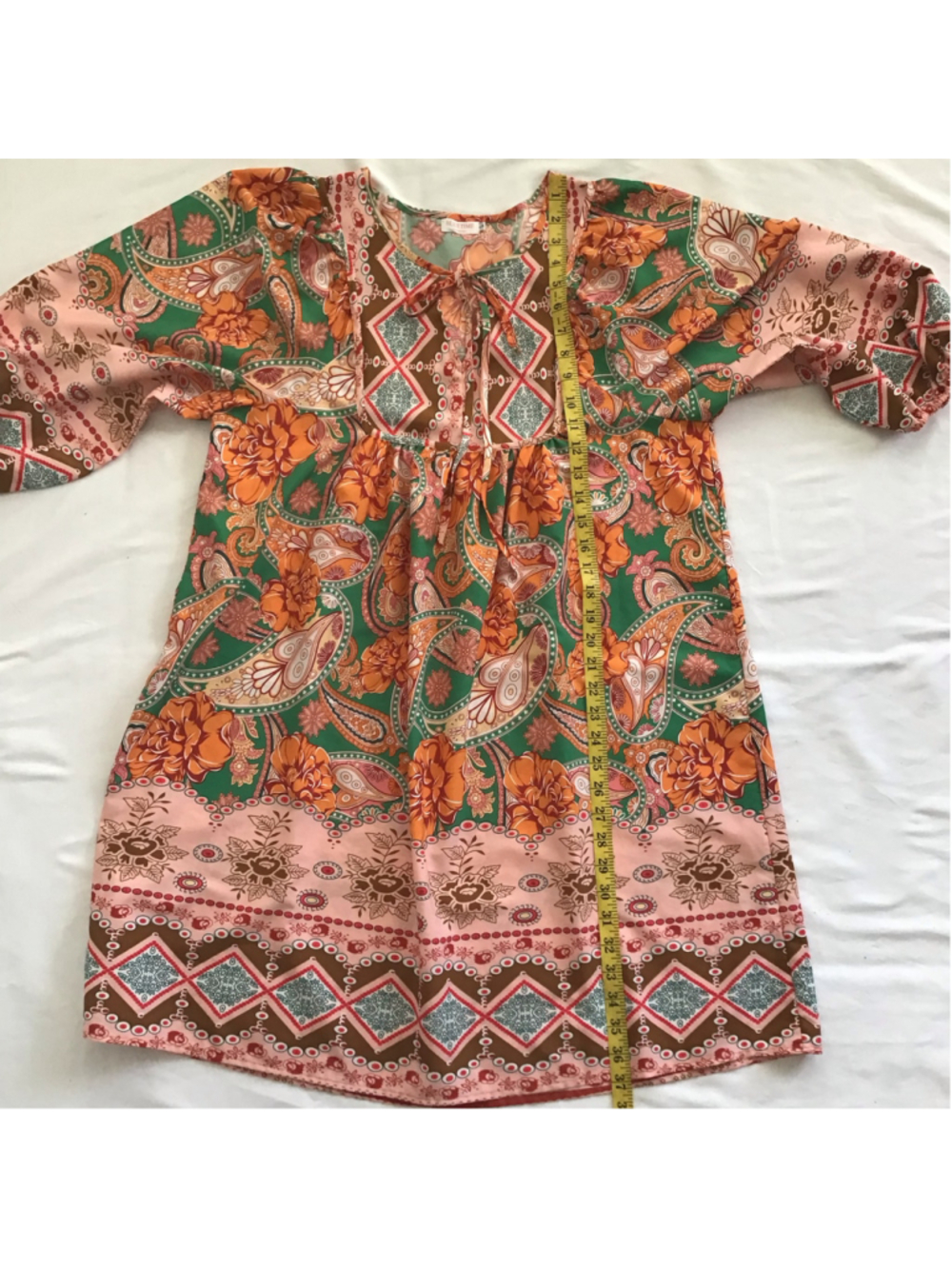 BLUETIME Women Fun Long Sleeve Dress Size M Orange Green Paisley Floral SZ L - Picture 7 of 8